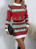 Long Sleeve Deer Pattern Casual Crew Neck Sweater Dress for Spring & Fall, Women's Clothing