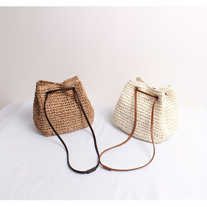 solvbao  Mini Straw Bucket Bag For Women, Summer Holiday Crossbody Bag, Stylish Drawstring Shoulder Beach Bag