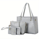 4pcs Crocodile Pattern Tote Bag Set, Women's Vintage Handbag With Crossbody Bag Wristlet Clutch Purse Card Holder