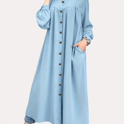 solvbaoButton Front Ruched Abaya, Modest Puff Sleeve Maxi Dress, Women's Clothing