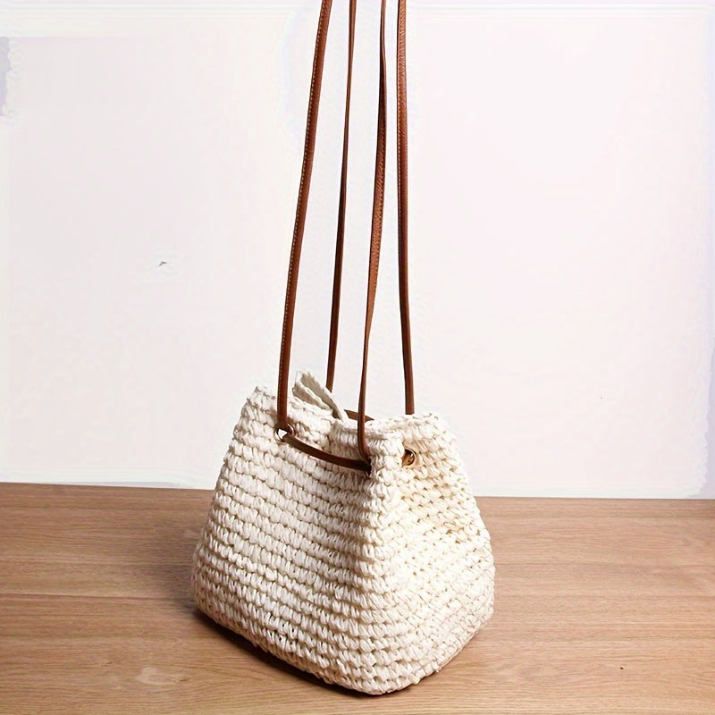 solvbao  Mini Straw Bucket Bag For Women, Summer Holiday Crossbody Bag, Stylish Drawstring Shoulder Beach Bag