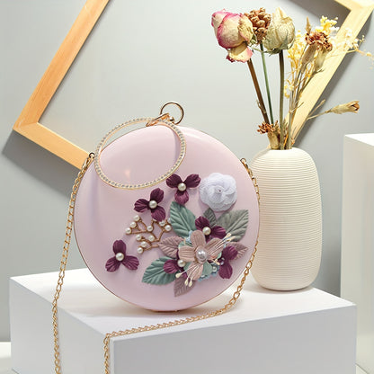 solvbao  Elegant Flower Decor Round Satchel Bag, All-Match Evening Bag, Women's Chain Bag For Party