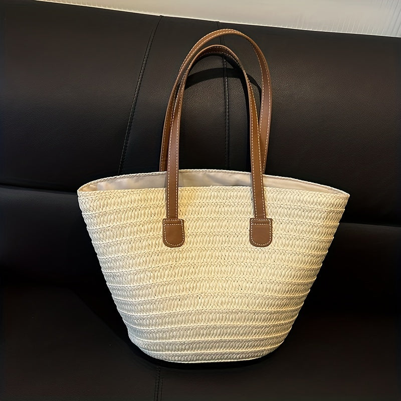 solvbao  Woven Straw Tote Bag, Portable Double Handle Stylish Handbag, Zipper Braided Straw Slouchy French Style Beach Bag