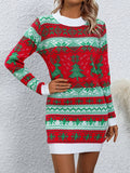 Long Sleeve Deer Pattern Casual Crew Neck Sweater Dress for Spring & Fall, Women's Clothing