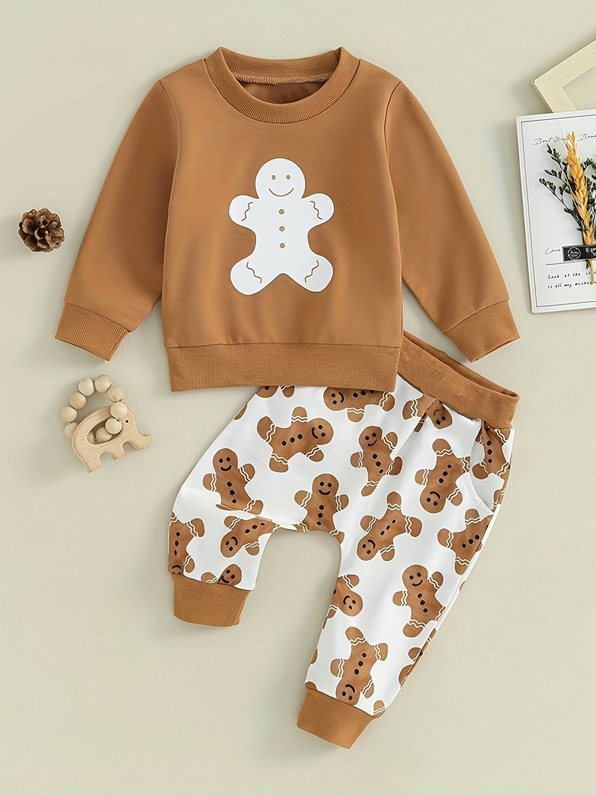 2pcs Toddler Baby Cute Christmas Cartoon Gingerbread Print Long Sleeve Sweatshirt & Pants Outdoor Set, Winter Autumn