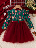 Christmas Baby Girl Snowflake Santa Hat Bow Christmas Tree Print Top Mesh Dress with Belt