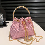 All Over Bright Rhinestone Bucket Bag, Drawstring Small Banquet Satchel Bag, Women's Luxury Dinner Shoulder Chain Bag