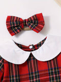 2pcs Baby Girls Cute Doll Collar Plaid Long Sleeve Outdoor Triangle Bodysuit & Headband For Christmas Autumn And Winter