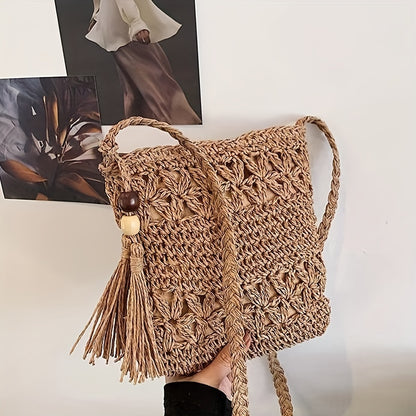 solvbao  Hollow Woven Crossbody Bag, Boho Style Straw Beach Bag, Tassel Decor Square Bag For Summer Travel