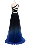 Solvbao Blue One Shoulder Gradient Long Sleeveless Open Back Beading Prom Dress,Formal Dress 2018