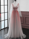 Solvbao Lovely Gradient A-line Tulle Long Sleeves Party Dress, Gradient Prom Dress