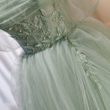 Solvbao Light Green Tulle Beaded Ball Gown Off Shoulder Party Dress, Green Sweet 16 Dress