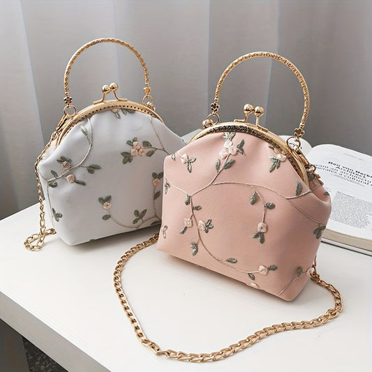 solvbao  Hanfu Cheongsam Lace Handbag, Floral Embroidery Clip Purse, Vintage Chain Crossbody Bag For Women