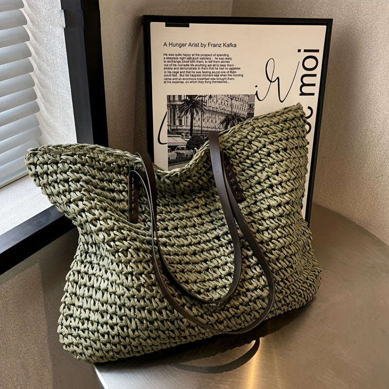 solvbao  Straw Woven Large Capacity Tote Bag, Lightweight Fashion Shoulder Bag, Exquisite Summer Beach Handbag