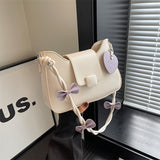 Sweet Bowknot Decor Shoulder Bag, Solid Color Crossbody Bag, Women's Flap Square Purse With Love Pendant