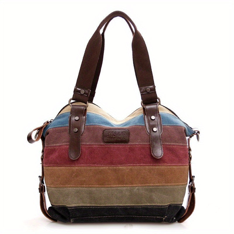 Rainbow Stripes Denim Handbag, Large Capacity Crossbody Bag, Vintage Stitching Shoulder Bag For Travel, Work