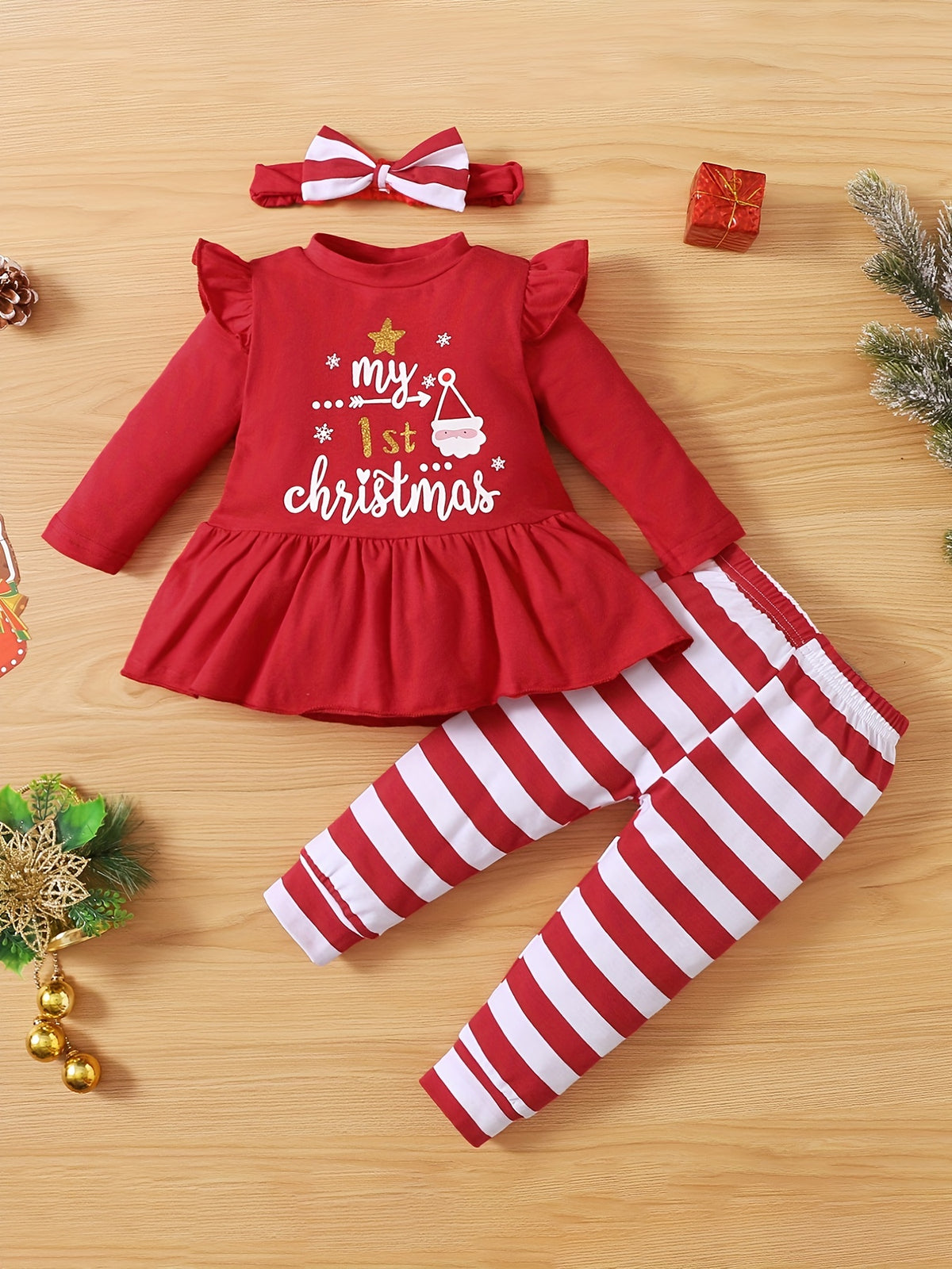 My 1st Christmas Baby Girl's Outfit, Ruffle Santa Claus Print Tunic Dress Shirt & Striped Pants Set