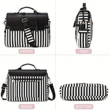 Striped Functional Laptop Bag, Casual Canvas Handbag, Women's Computer Briefcase With USB Charging Port