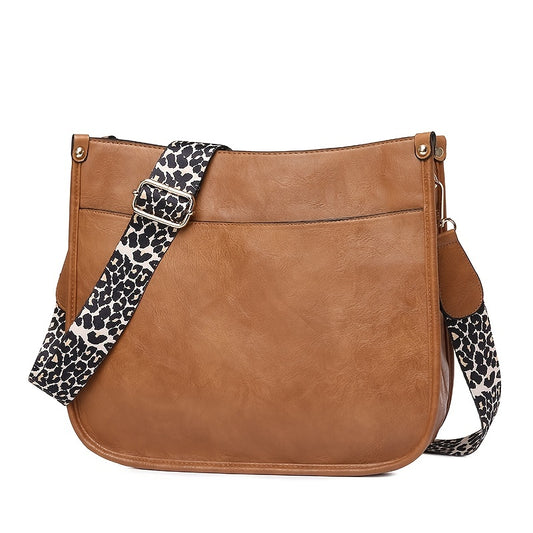 solvbao Leopard Print Straps Crossbody Bag, Solid Color Saddle Bag, Shoulder Zipper Bag For Work