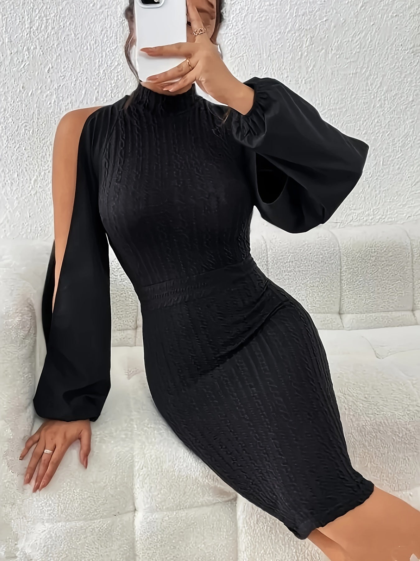 solvbao  Cold Shoulder Solid Bodycon Dress, Casual Mock Neck Lantern Sleeve Dress, Women's Clothing