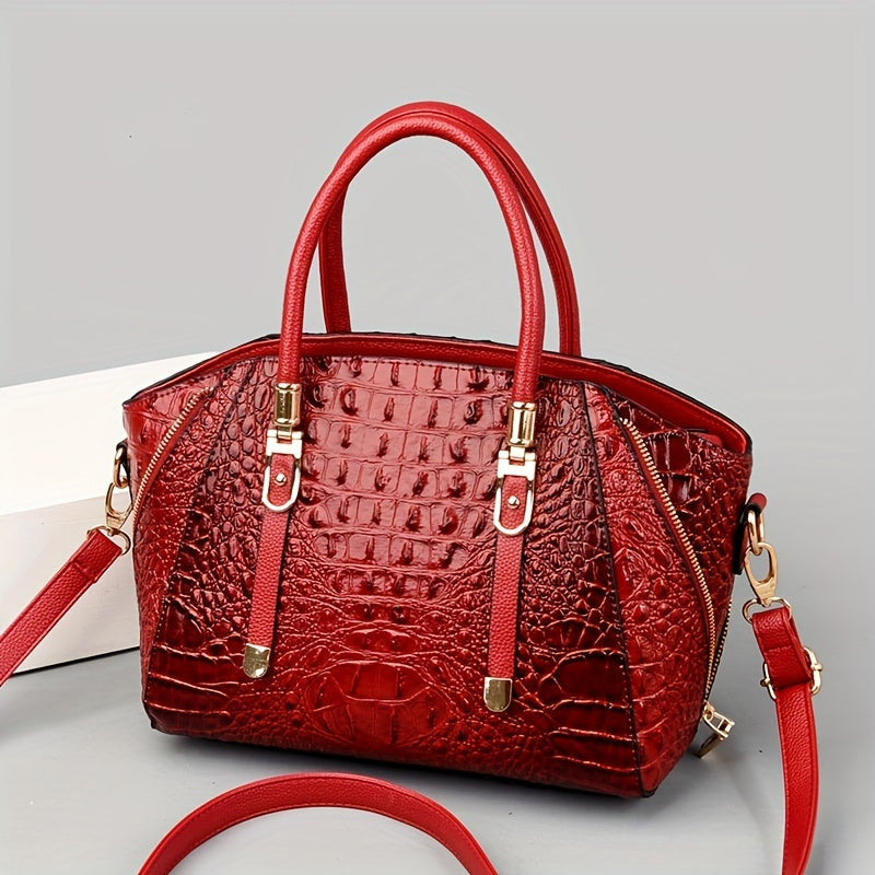 solvbao  Crocodile Embossed Handbag, Elegant PU Crossbody Bag, Women's Top Handle Satchel Purse