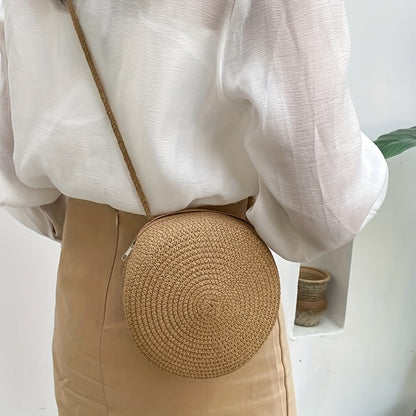 solvbao Straw Woven Round Crossbody Bag, Solid Color Handmade Beach Bag, Women's Simple Seaside Travel Handbag & Purse For Vacation