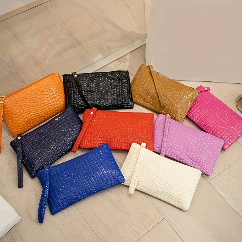 Crocodile Embossed Wallet, Women's PU Leather Clutch Purse, Fashion Zipper Handbag With Wristlet