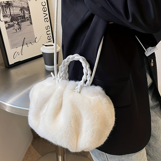 solvbao  Plush Cloud Ruched Handbag, Fashion Faux Fur Crossbody Bag, Women's Fluffy Purse With Braided Handle