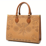 Vintage Phoenix Embossed Tote Bag, Ethnic Style Shoulder Bag, Elegant Large Capacity Handbags