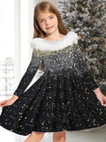 Girls Bow Christmas Tree Graphic Long Sleeve Dress Spring Fall Christmas Gift