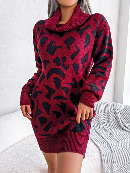 solvbaoLadies Turtleneck Leopard Print Sweater Dress, Long Sleeve Sweater Dress Without Belt, Casual Sweater Dress For Fall & Winter, Women's Clothing