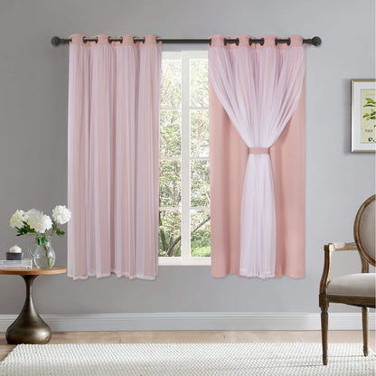 1 Panel Blackout Curtains With White Sheer Voile Double-Layered Mix And Match Curtains Grommet Curtains For Bedroom, Grey