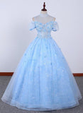 Solvbao Light Blue Lace High Neck Lace Applique Ball Gown, Lace Sweet 16 Dress, Prom Dress