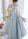 Solvbao A-line Blue Satin Beaded Long Party Dress, V-neckline Blue Evening Dress