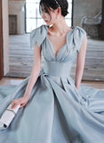 Solvbao A-line Blue Satin Beaded Long Party Dress, V-neckline Blue Evening Dress