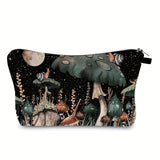 Waterproof Mushroom Print Makeup Bag - Portable Cosmetic Case for Travel and Toiletry Storage - Washable and Reusable - Perfect for Women and Girls (Black Night)