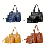 4pcs Crocodile Pattern Tote Bag Set, Women's Vintage Handbag With Crossbody Bag Wristlet Clutch Purse Card Holder