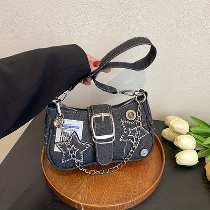 Y2K Denim Shoulder Bag For Women, Star Patch Decor Underarm Purse, Trendy Chain Handbag With Buckle