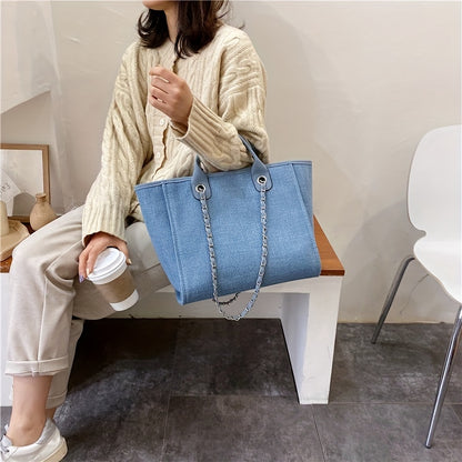 Women's Minimalist Tote Bag, Canvas Shoulder Bag With Chain Strap, All-Match Bag