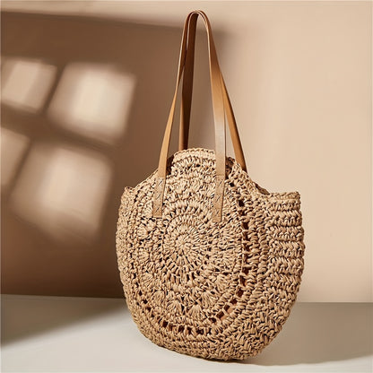 solvbao  Summer Hollow Design Round Straw Bag, Minimalist Woven Women's Shoulder Bag, Beach Bag