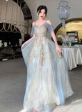 solvbao Charming Lace Light Blue V-neckline Long Prom Dress, A-line Formal Dress Evening Dress