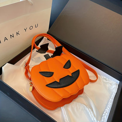 solvbao  Halloween Pumpkin Design Bag, Colorblock Crossbody Bag, Niche Horror Night Design Zipper Gift Purse