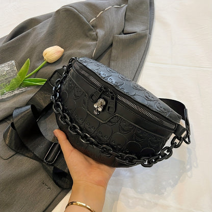 Halloween Skull Embossed Waist Bag, Gothic Chain Decor Fanny Pack, Steampunk Chest Crossbody Bag