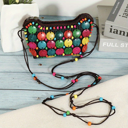 solvbao  Bohemian Colorful Beaded Crossbody Bag, Retro Ethnic Straw Shoulder Bag, Classic Travel Bag For Women