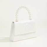 White Lace Flower Pattern Mini Evening Bag, Top Beaded Handle Dinner Flap Bag, Women's Elegant Party Bag