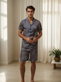 2 Pcs Men's Silky Trendy Stripe Print Reverse Neck Short Shirts & Shorts Pajama Sets, Comfortable & Skin-friendly Style Pajamas For Men's Cozy Loungewear