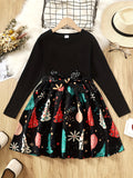 Long Sleeve Girls Christmas Tree Graphic Dress With Bow Belt For Fall Party