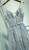 solvbao Grey Romantic Lace V-neckline Formal Gowns, Applique Long Prom Dress, High Quality Party Dress