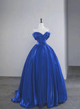 Solvbao Blue Satin Off Shoulder Sweetheart Party Dress, Blue Long Evening Dress Prom Dress