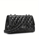 Women's Classic Square Shoulder Bag, Turn-Lock Quilted Detail Chain Bag, All-Match Bag